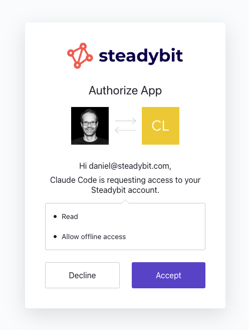 OAuth consent screen granting an MCP client access to Steadybit